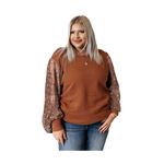 Solid Rust and Paisley Contrast Puff Sleeve Plus Size Top