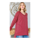 Solid Brick Long Sleeve Ribbed Knit Plus Size Top