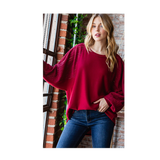 Burgundy Lace Contrast Long Sleeve Plus Size Top