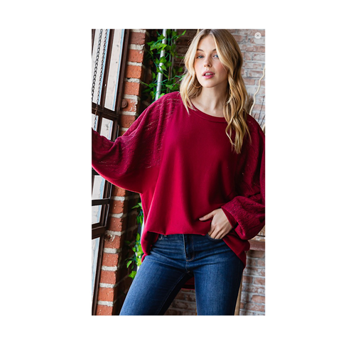 Burgundy Lace Contrast Long Sleeve Plus Size Top