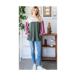 Green & Pink Ribbed Knit Pockets Top