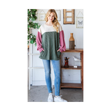 Green & Pink Ribbed Knit Pockets Top