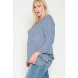 Denim Blue Ribbed Knit Bell Sleeve Plus Size Top