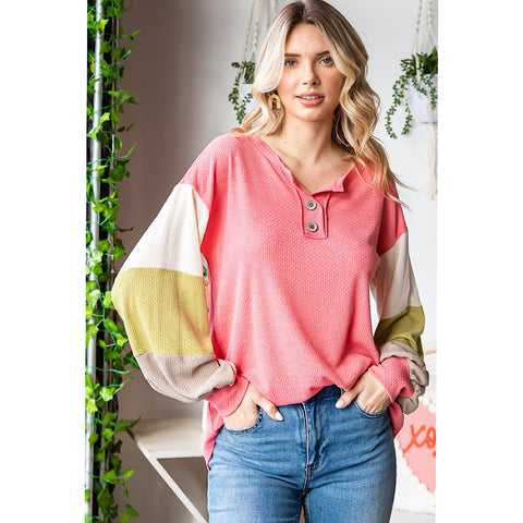 Candy Rose Textured Knit Color Block Long Sleeve Henley Top