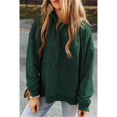 Green Quilted Exposed Seam Hoodie Top