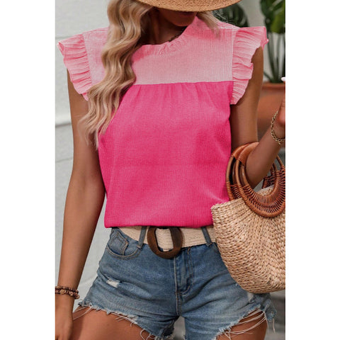 Two Tone Pink Crinkle Flutter Sleeve Blouse Top
