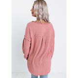 Pink Frayed Patchwork Waffle Knit Top