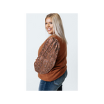 Solid Rust and Paisley Contrast Puff Sleeve Plus Size Top