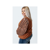 Solid Rust and Paisley Contrast Puff Sleeve Plus Size Top