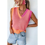 Strawberry Pink Contrast Chevron Sleeveless Sweater Knit Top
