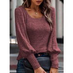 Dark Mauve Ribbed Bishop Sleeve Round Neck Top