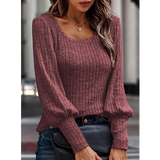 Dark Mauve Ribbed Bishop Sleeve Round Neck Top