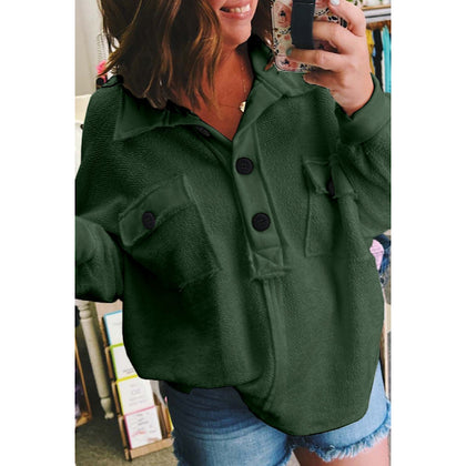 Green Dolman Sleeve Flap Pocket Henley Plus Size Top