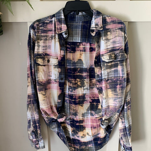 Bleached Blue & Olive Green Plaid Flannel