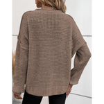 Khaki Pointelle Knit Button V Neck Sweater Top