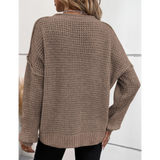 Khaki Pointelle Knit Button V Neck Sweater Top