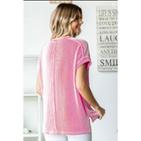 Pink Ribbed Drop Shoulder Short Sleeve Henley Plus Size Top