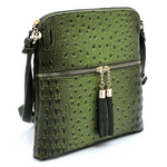 Olive Ostrich Croc Zip Tassel Crossbody Purse