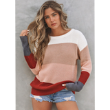 Khaki Color Block Knitted O-Neck Pullover Sweater Top