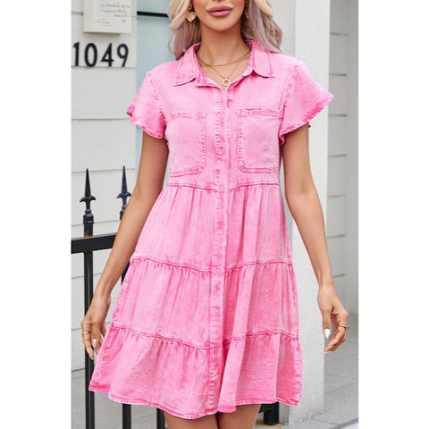 Pink Mineral Washed Ruffle Sleeve Tiered Chambray Dress
