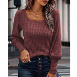 Dark Mauve Ribbed Bishop Sleeve Round Neck Top