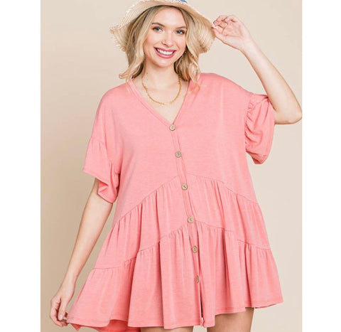 Coral Button Front Tiered Short Sleeve Top