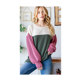 Green & Pink Ribbed Knit Pockets Top