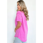 Pink Raw Edge Button Henley Short Sleeve Top