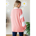 Coral Ribbed Collar Split Neck Long Sleeve Top