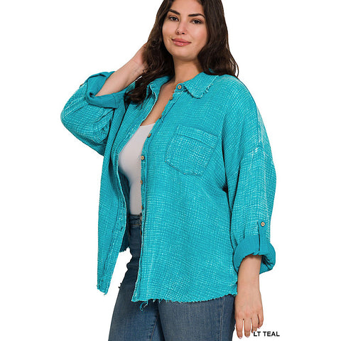Lt. Teal Washed Double Gauze Button Front Long Sleeve Plus Size Top