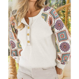 Multicolor Aztec Print Raglan Sleeve Henley Top