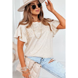 Apricot Striped Lace Accent Ruffle Sleeve Top