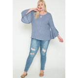 Denim Blue Ribbed Knit Bell Sleeve Plus Size Top