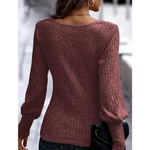 Dark Mauve Ribbed Bishop Sleeve Round Neck Top