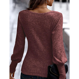 Dark Mauve Ribbed Bishop Sleeve Round Neck Top