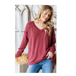Solid Brick Long Sleeve Ribbed Knit Plus Size Top