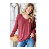 Solid Brick Long Sleeve Ribbed Knit Plus Size Top