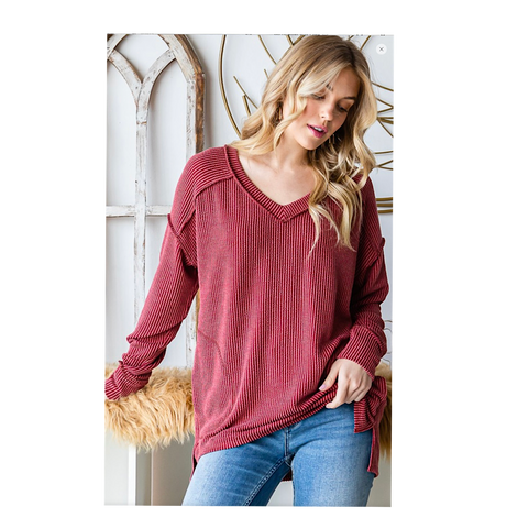 Solid Brick Long Sleeve Ribbed Knit Plus Size Top