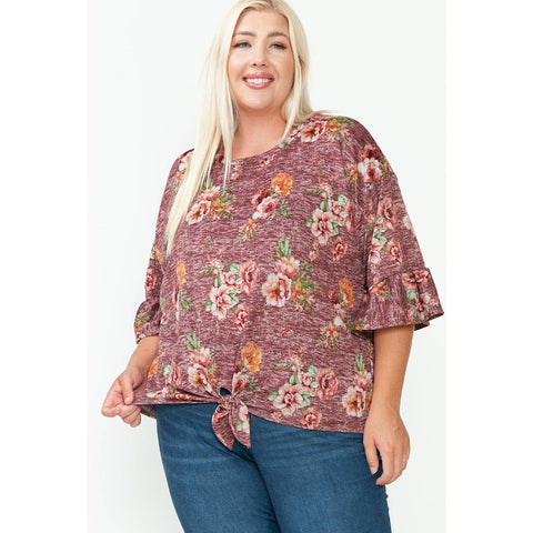 Mauve/Wine Spring Floral Tie Hem Plus Size Top