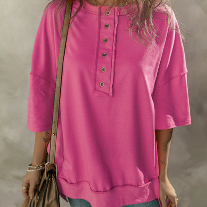 Pink Half Sleeve Henley Plus Size Top