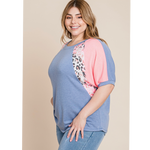 Blue with Neon Pink Animal Print Contrast Short Sleeve Plus Size Top