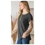 Grey Solid Color Block Puff Sleeve Plus Size Top