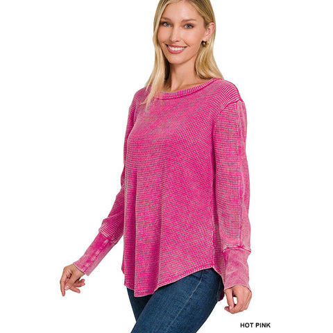 Hot Pink Washed Baby Waffle Long Sleeve Top