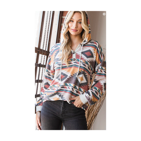 Rust Multi Color Aztec Hooded Plus Size Top