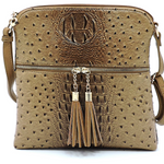 Stone Ostrich Croc Zip Tassel Crossbody Purse