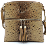 Stone Ostrich Croc Zip Tassel Crossbody Purse