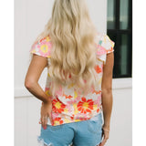 Orange Yellow and Pink Floral Mock Neck Blouse Top