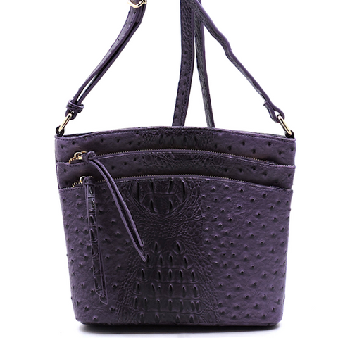 Purple Ostrich Croc Multi Zip Pocket Crossbody Purse