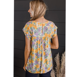Yellow and Purple Floral Short Sleeves Blouse Top