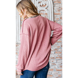 Leopard Accent Pink Textured Sweater Knit Long Sleeve Top